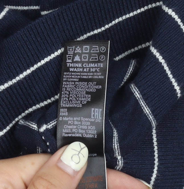 Marks and Spencer Men's Blue Striped V-Neck Jumper - S