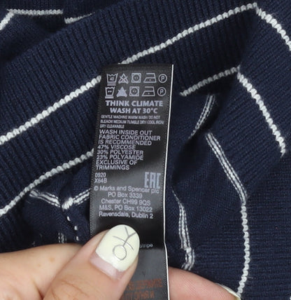 Marks and Spencer Men's Blue Striped V-Neck Jumper - S