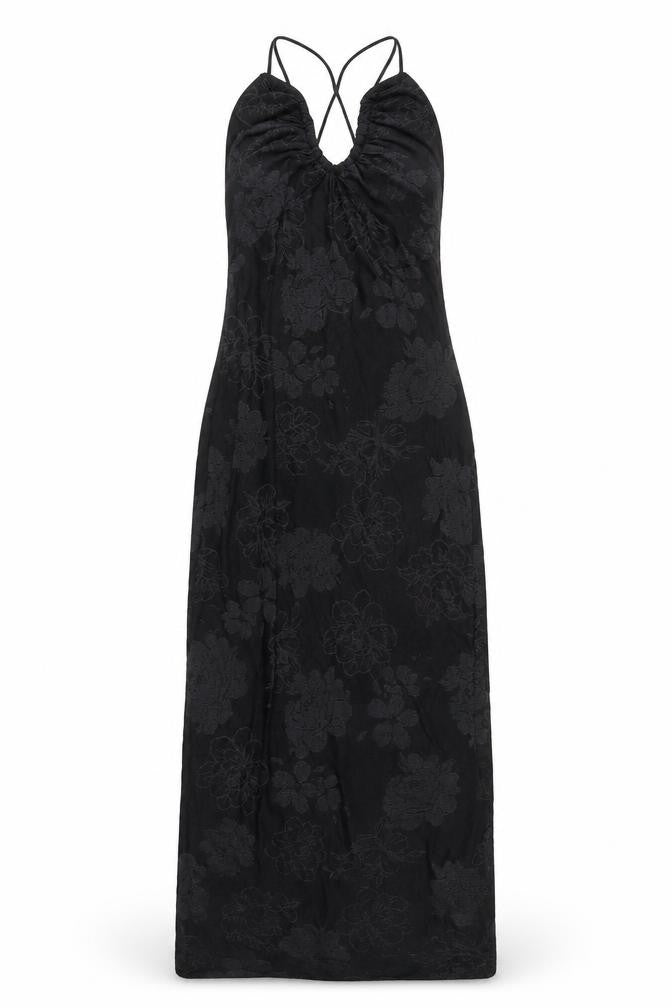 Front view of Zara Women's Black Long Floral Halter Dress, size S