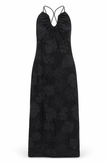 Front view of Zara Women's Black Long Floral Halter Dress, size S