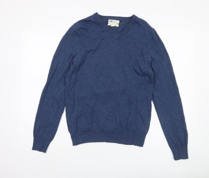 Marks and Spencer Men's Blue V-Neck Cotton Jumper, Size S