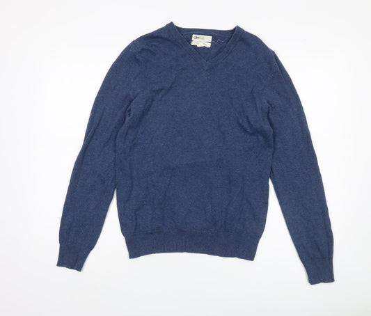 Marks and Spencer Men's Blue V-Neck Cotton Jumper, Size S