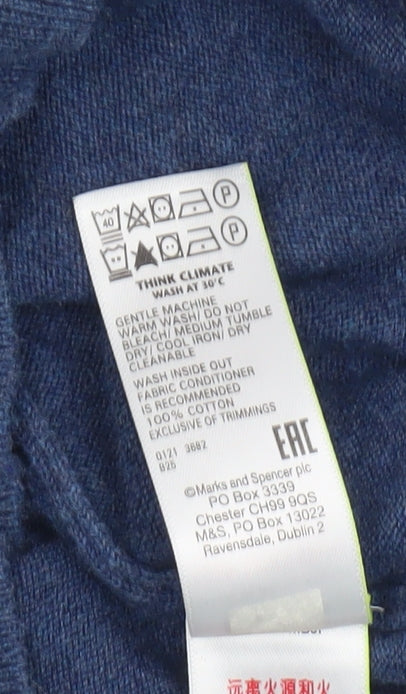 Marks and Spencer Men's Blue V-Neck Cotton Jumper, Size S