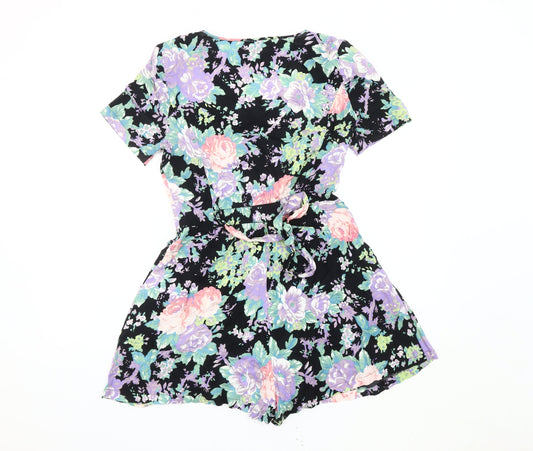 Warehouse Women's Black Floral Playsuit UK 10, Short Sleeve