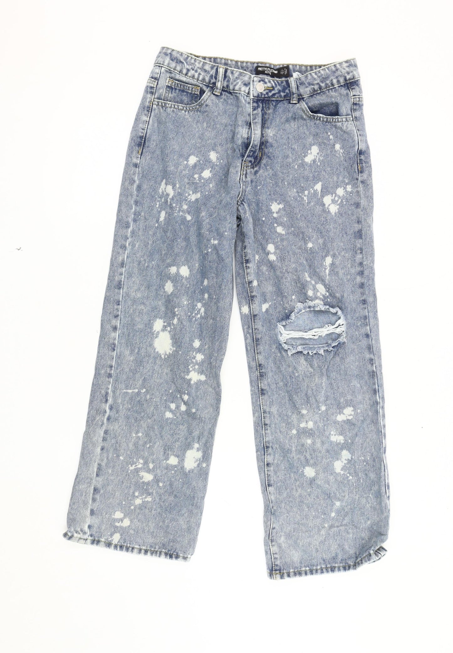 PrettyLittleThing Women's Blue Wide-Leg Distressed Jeans