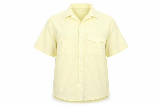 Front view of BH Ltd unisex yellow button-up shirt, medium