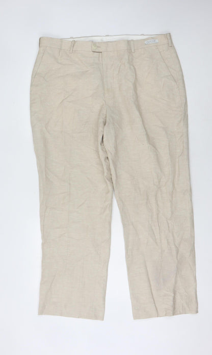 Perry Ellis Beige Men's Linen Trousers 38 Classic Fit