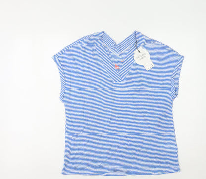 Oui Women's Blue Striped Linen V-Neck T-Shirt Size 10