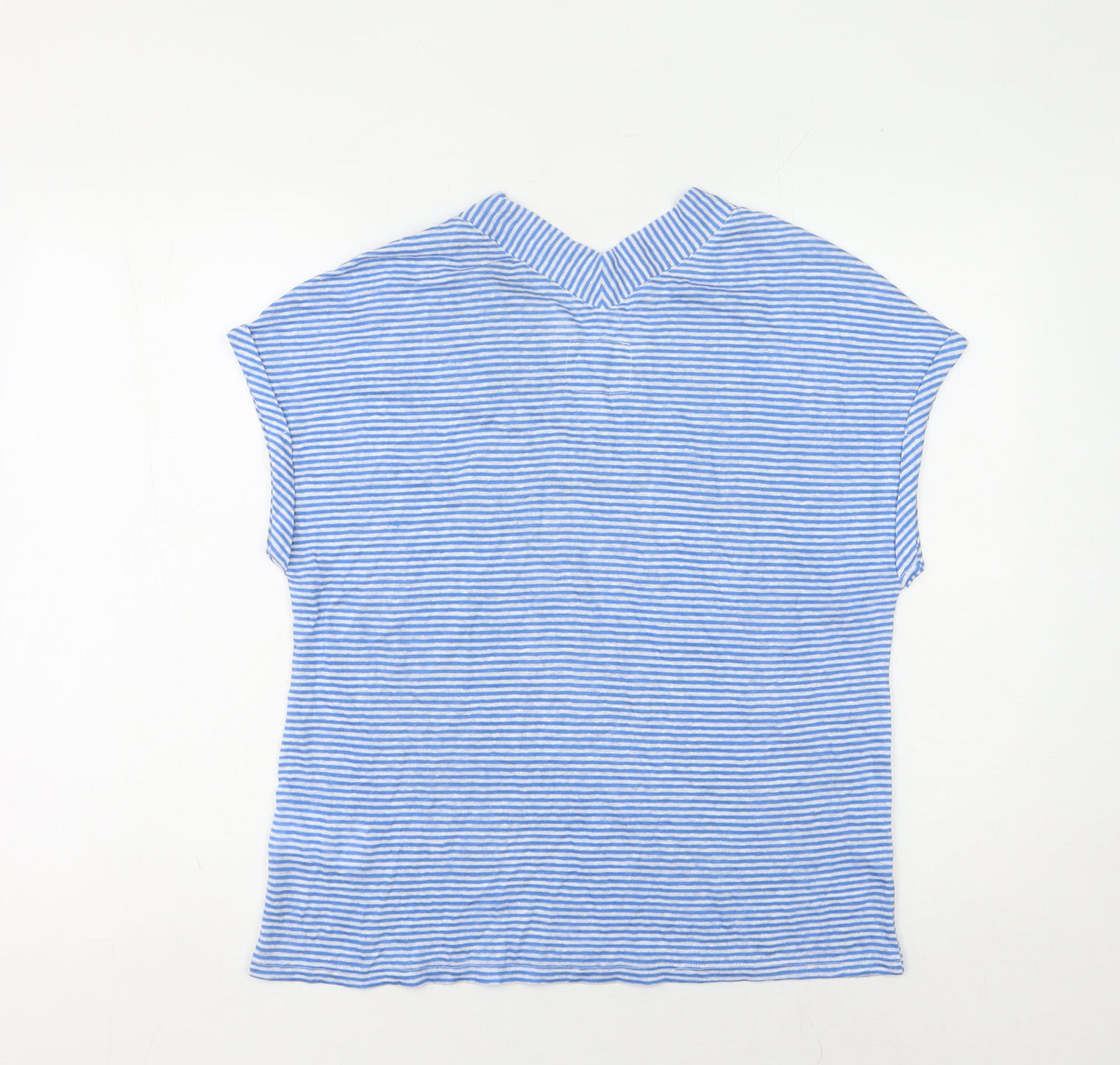 Oui Women's Blue Striped Linen V-Neck T-Shirt Size 10