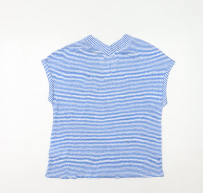 Oui Women's Blue Striped Linen V-Neck T-Shirt Size 10