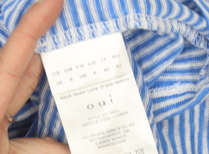 Oui Women's Blue Striped Linen V-Neck T-Shirt Size 10