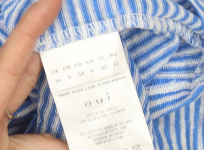 Oui Women's Blue Striped Linen V-Neck T-Shirt Size 10