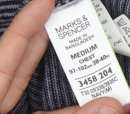 Marks and Spencer Men's Blue Striped Polo, Medium