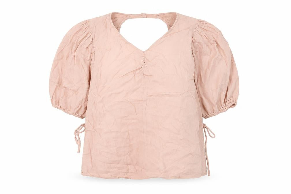 Front view of H&M Women's Beige Puff Sleeve Blouse M Viscose