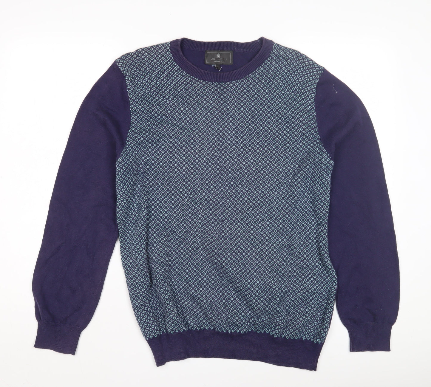 Marks and Spencer Men's Blue Geometric Pullover Jumper L