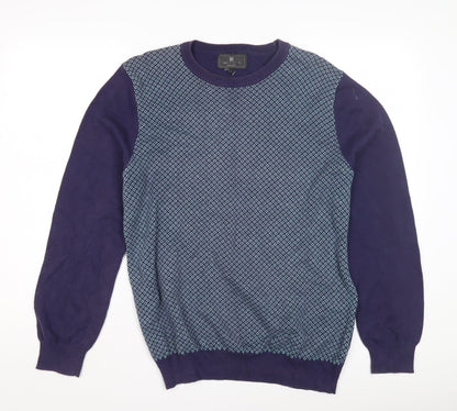 Marks and Spencer Men's Blue Geometric Pullover Jumper L