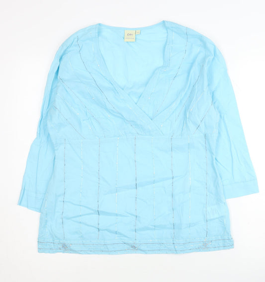 Cotton Traders Women's Blue 3/4 Sleeve V-Neck Top