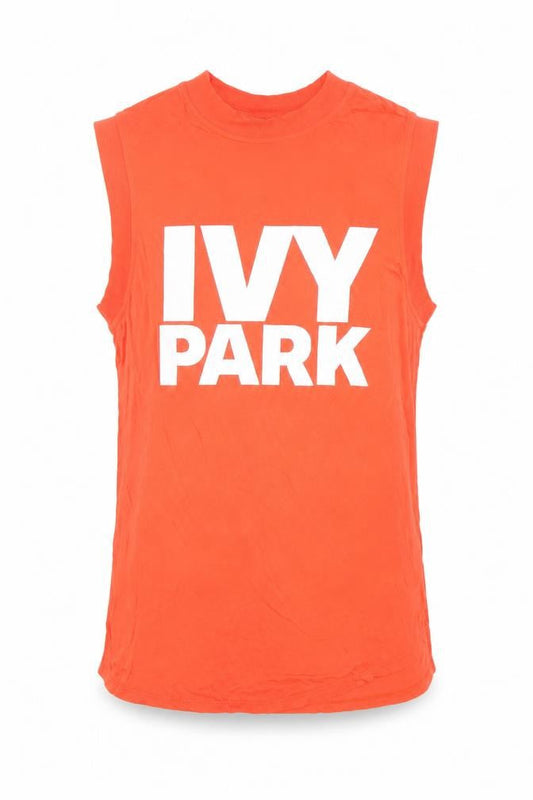 Front view of IVY PARK Men's Orange Sleeveless Logo T-Shirt, size S