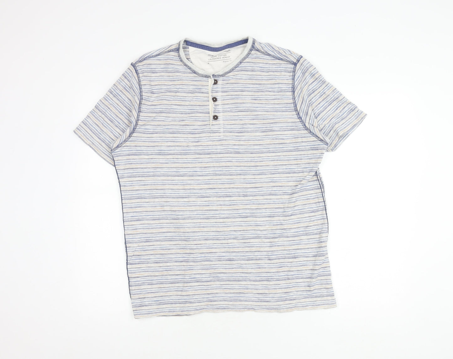 Marks and Spencer Men's Blue Striped Henley T-Shirt M