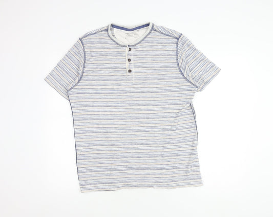 Marks and Spencer Men's Blue Striped Henley T-Shirt M