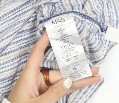 Marks and Spencer Men's Blue Striped Henley T-Shirt M