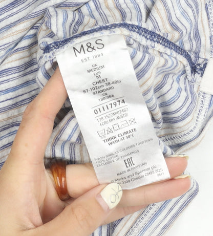 Marks and Spencer Men's Blue Striped Henley T-Shirt M