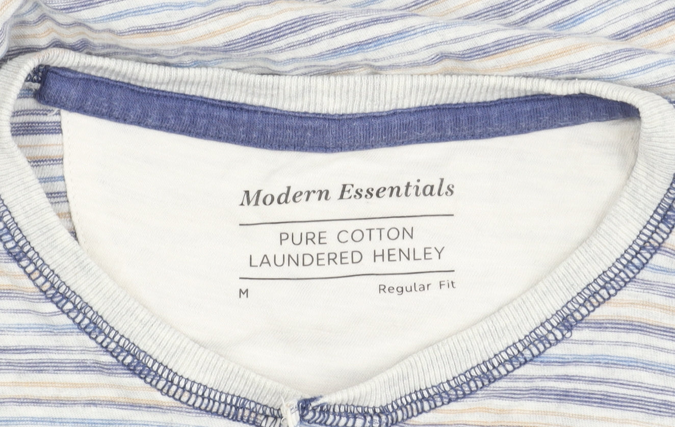 Marks and Spencer Men's Blue Striped Henley T-Shirt M