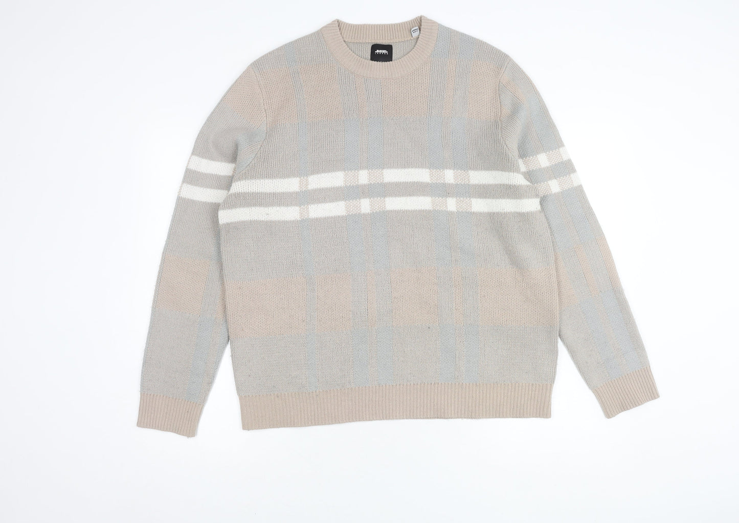 Burton Menswear Beige Plaid Crew Neck Jumper Size L