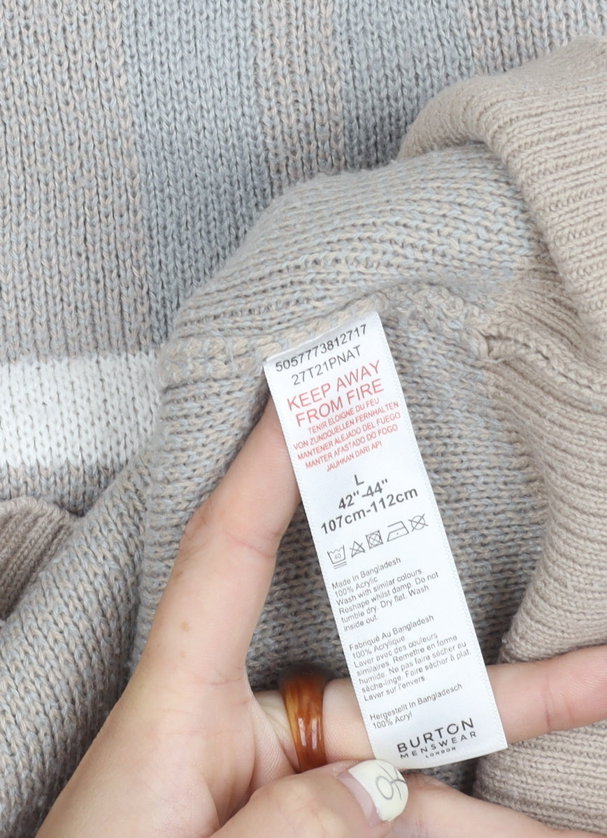 Burton Menswear Beige Plaid Crew Neck Jumper Size L