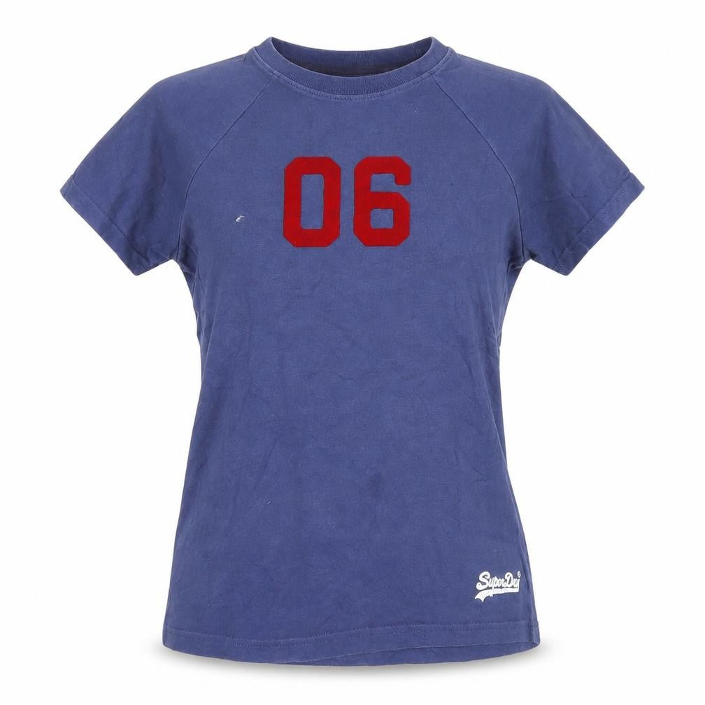 Front view of Superdry unisex blue t-shirt, size 8, casual, sports style