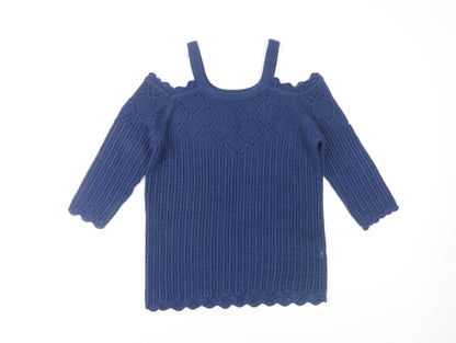 B. YOU Women's Blue Geometric Open-Knit Pullover Jumper