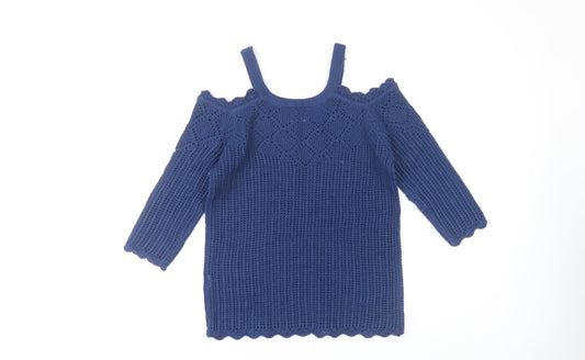 B. YOU Women's Blue Geometric Open-Knit Pullover Jumper