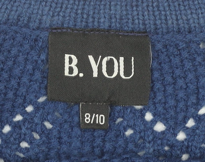 B. YOU Women's Blue Geometric Open-Knit Pullover Jumper