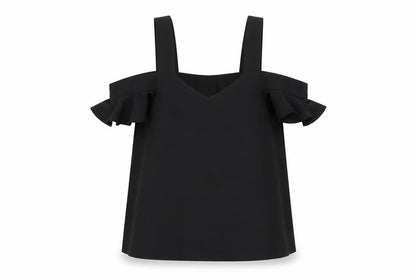 Front view of Topshop Women Black Cold Shoulder V-Neck Blouse, size 8