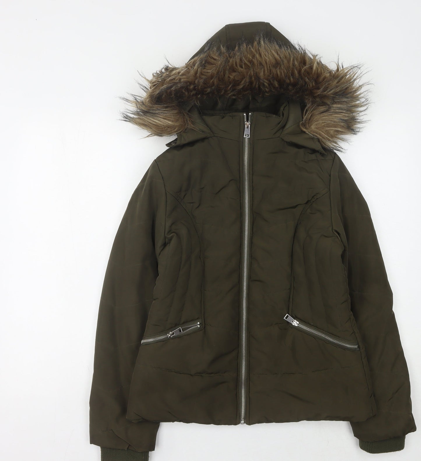 915 Generation Girls' Green Puffer Jacket 12-13 Years Hooded Faux Fur Trim