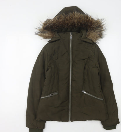 915 Generation Girls' Green Puffer Jacket 12-13 Years Hooded Faux Fur Trim