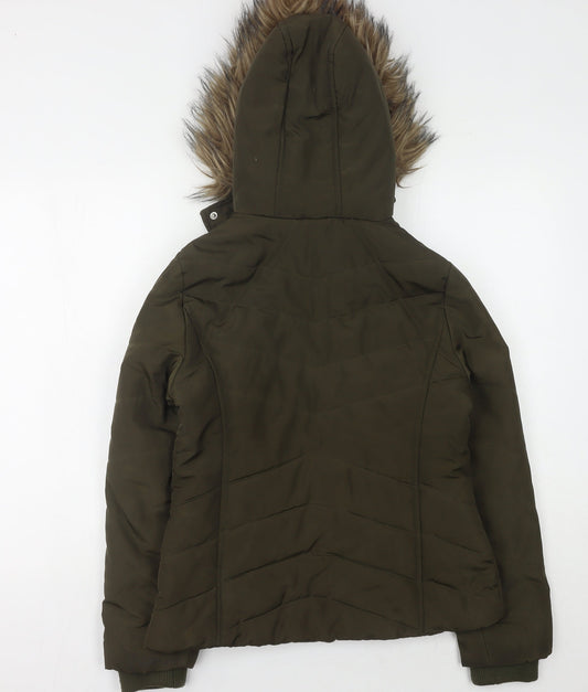 915 Generation Girls' Green Puffer Jacket 12-13 Years Hooded Faux Fur Trim