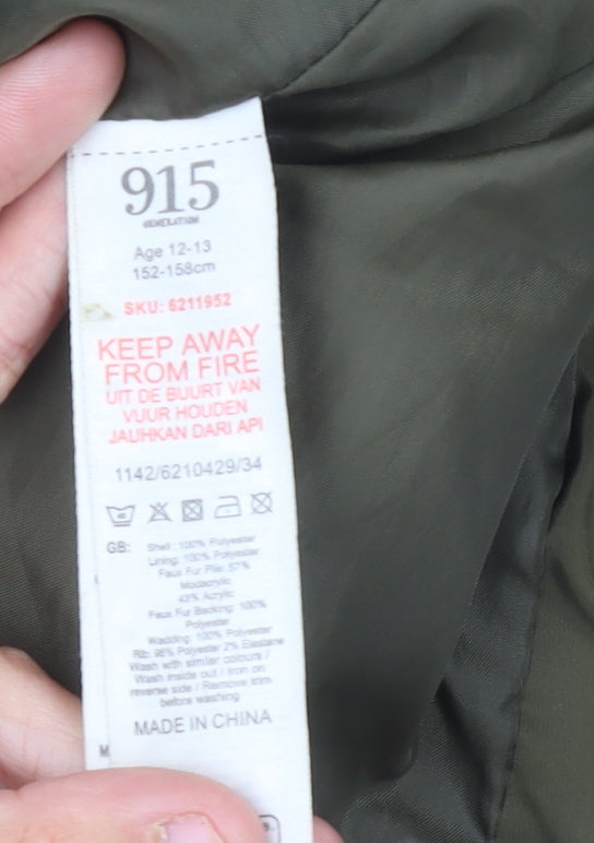 915 Generation Girls' Green Puffer Jacket 12-13 Years Hooded Faux Fur Trim