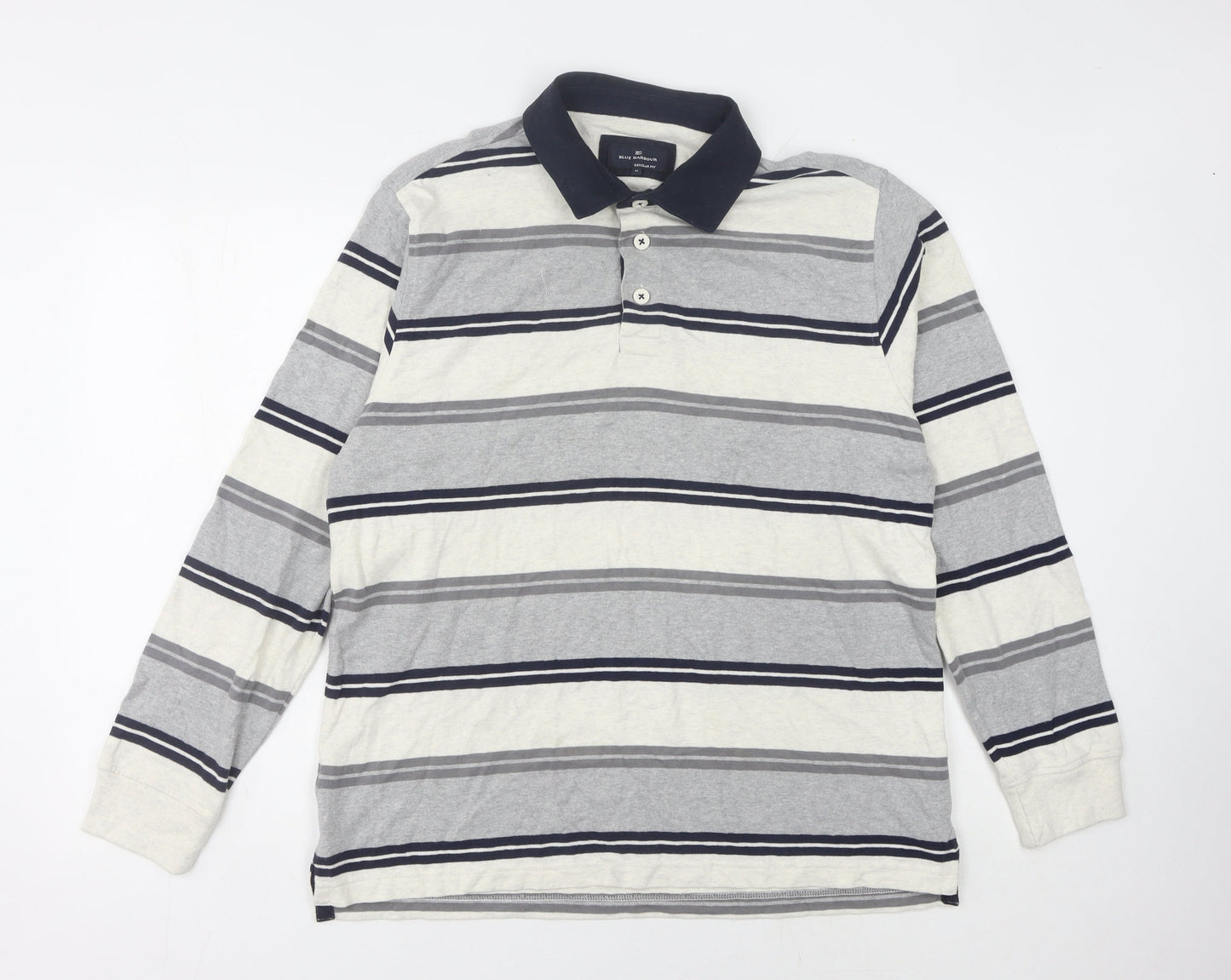 Marks and Spencer Men's Grey Striped Long Sleeve Polo Shirt M