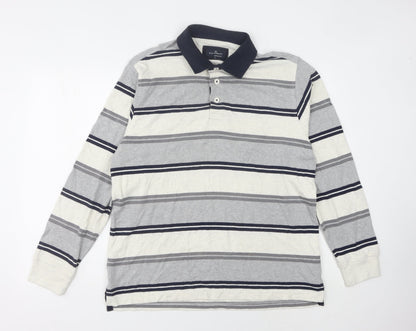 Marks and Spencer Men's Grey Striped Long Sleeve Polo Shirt M