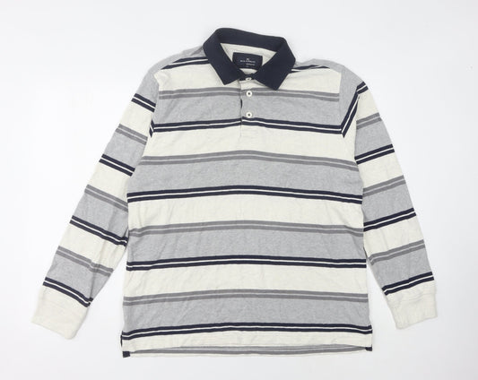 Marks and Spencer Men's Grey Striped Long Sleeve Polo Shirt M