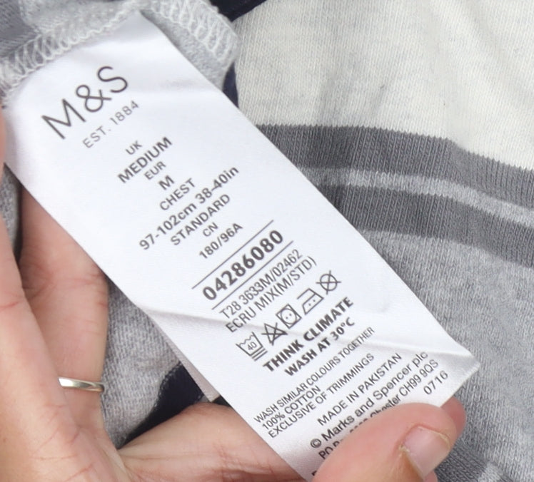 Marks and Spencer Men's Grey Striped Long Sleeve Polo Shirt M