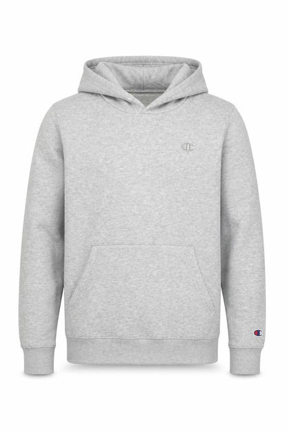 Front view of Champion boys’ grey hoodie, size L, pullover with logo