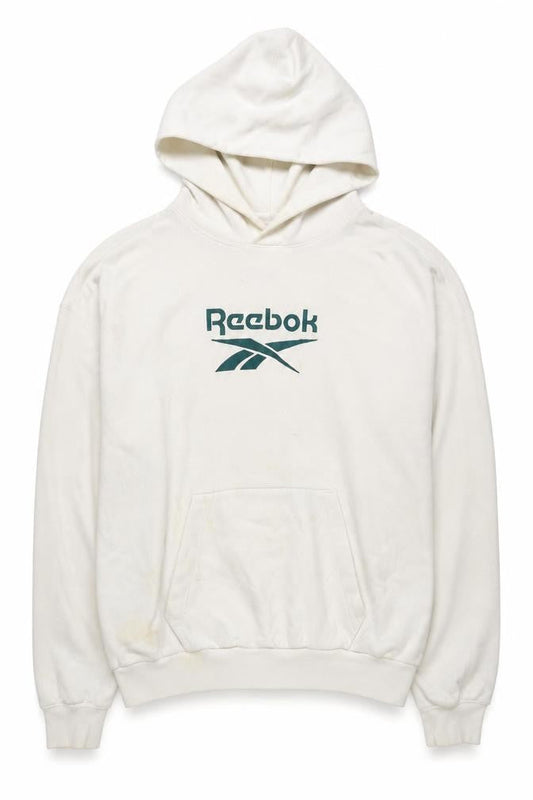 Front view of Reebok unisex white hoodie large casual pullover