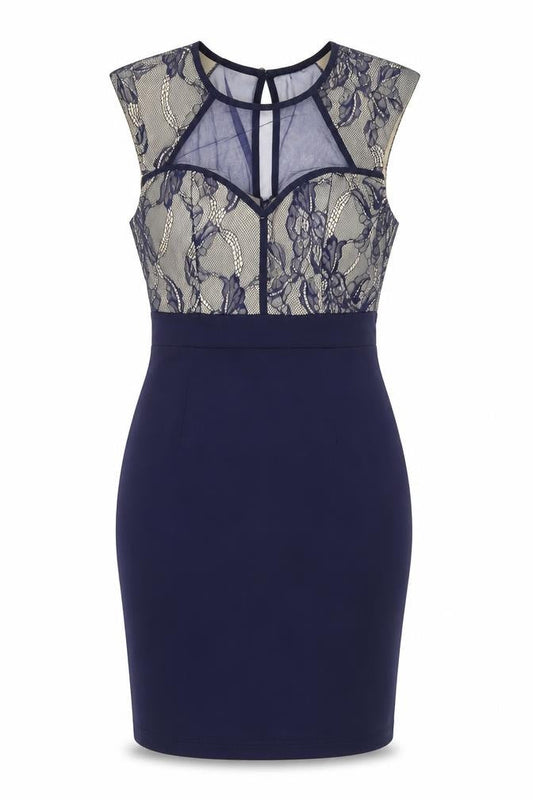 Front view of Little Mistress Petite Blue Lace Bodycon Dress, size 4