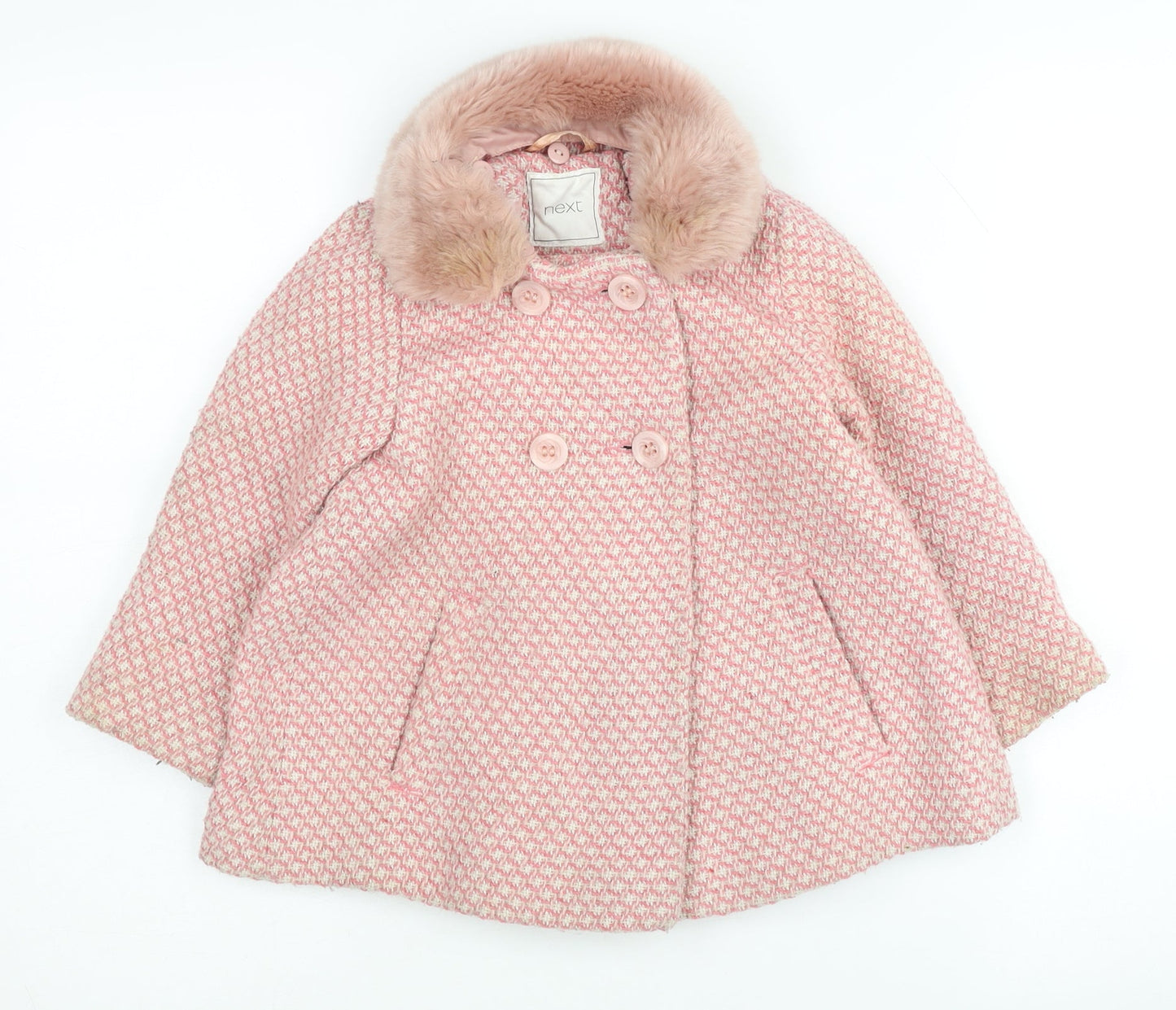 Next Pink Girls Pea Coat 3-4 Years Houndstooth Fur Trim