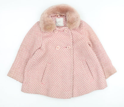 Next Pink Girls Pea Coat 3-4 Years Houndstooth Fur Trim