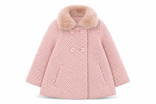 Next Pink Girls Pea Coat 3-4 Years Houndstooth Fur Trim