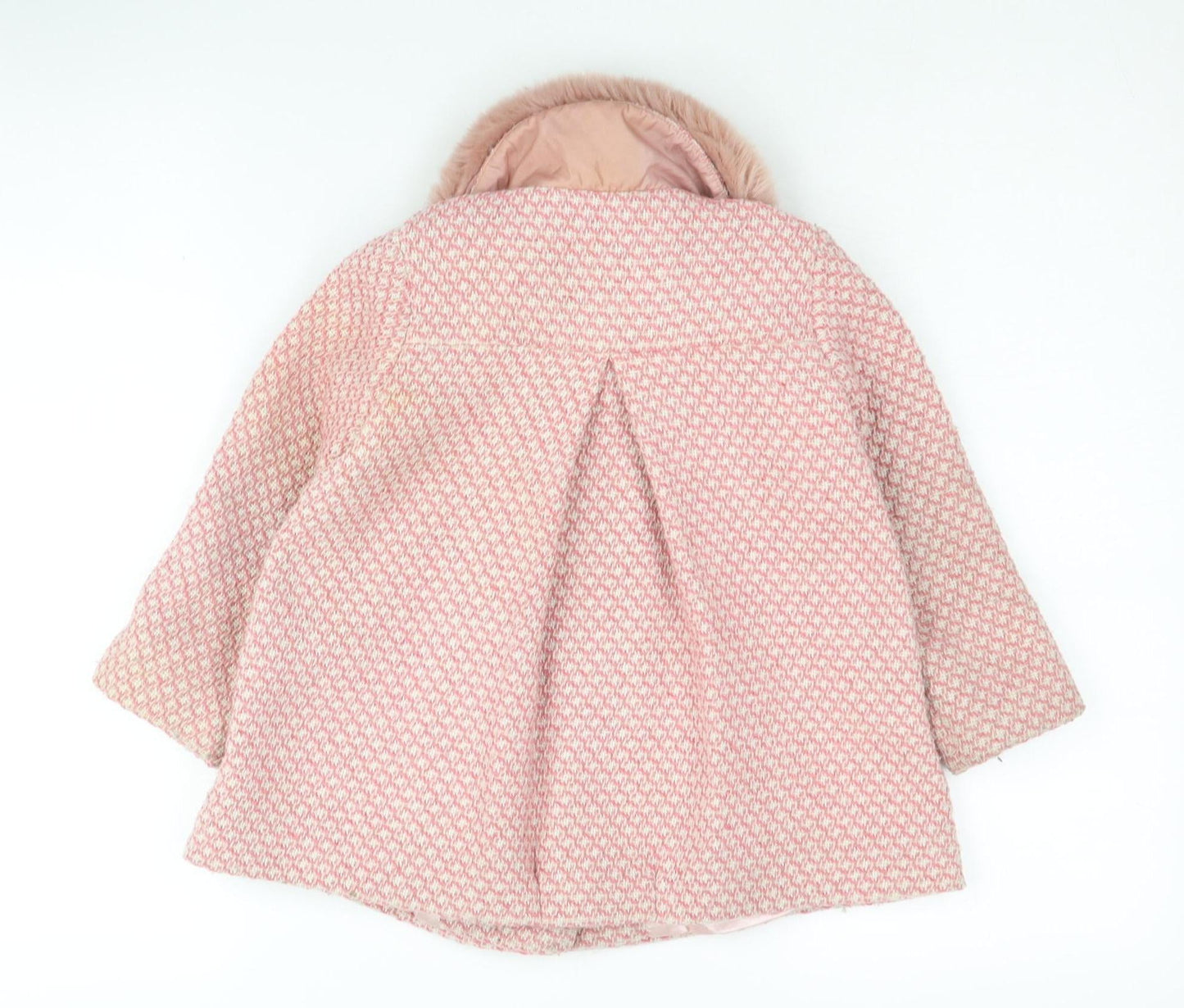 Next Pink Girls Pea Coat 3-4 Years Houndstooth Fur Trim