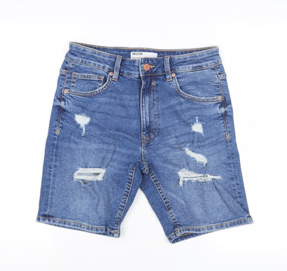 Bershka Men's Blue Denim Distressed Shorts, Size S